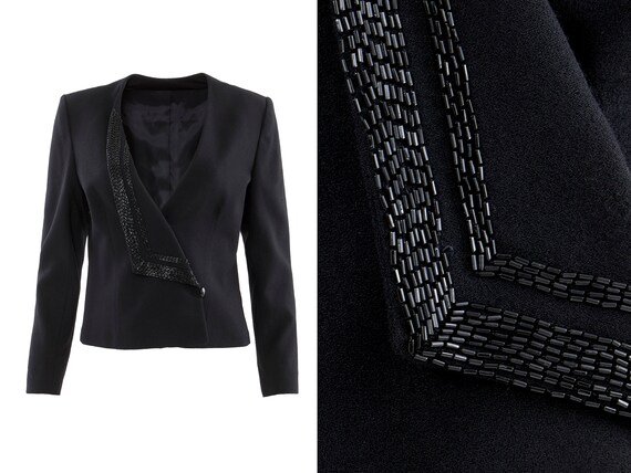 Black Wool Beaded Lapel Asymmetrical Collarless B… - image 1