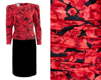 Silk & Velvet Rose Print Black Skirt Ruched Waist Dress | 8, M, L