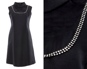 Mod Jeweled Sheer Bib Little Black Shift Dress | M, 8