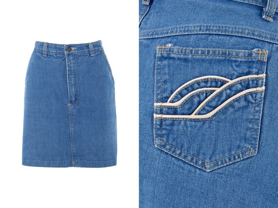 Patchwork Cloud Contrast Piping 70s Denim Skirt |