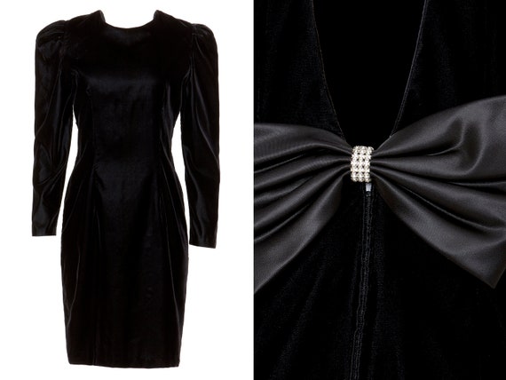 Black Velvet Puff Sleeve Open Back Dress with Bow