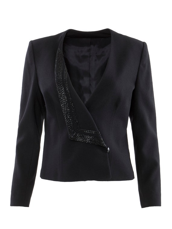 Black Wool Beaded Lapel Asymmetrical Collarless B… - image 2