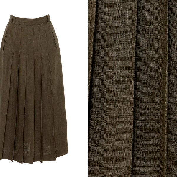 Linen Olive Pleated Midi Skirt | XS, S