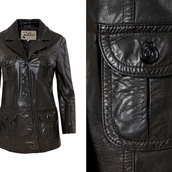 Retro Collar Seventies Black Leather Jacket | XS, S