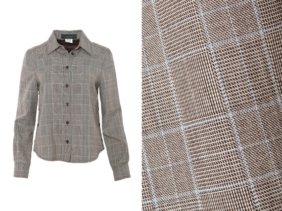 Wool Plaid Side Button Minimalist Tailored Blouse