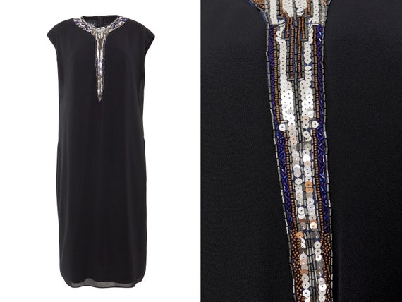 Beaded Egyptian Collar Black Shift Dress | 14, XL,