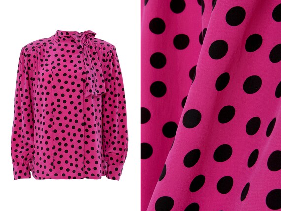 Silk Pink Polka Dot Pussy Bow Neck Tie Blouse | 16