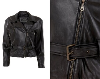 Oversized Bold Shoulder Black Leather Motorcycle Jacket | M, L, XL