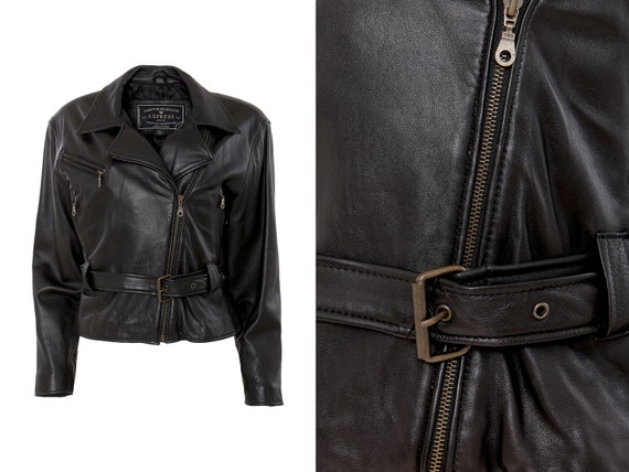 Oversized Bold Shoulder Black Leather Motorcycle … - image 1