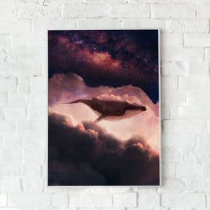 Whale in the clouds digital print, Wall Decor Art, Whale Poster Print, Wall Prints, Whale Surreal Prints, Printable Wall Art, Whale Fine art