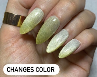 Yellow Press on Nails Color Changing Glue on Nails Cat Eye Glitter Almond Nails Short Medium Long Length Ombre Nail Art Aesthetic Nails w3