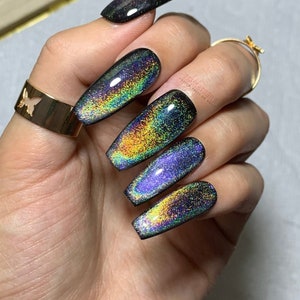 Rainbow Cat Eye Press On Nails Black Long Coffin Fake Nails Velvet Color Shifting Holographic Glitter Medium Length Goth Design Gift for her