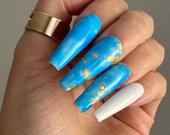 Press on Nails Bright Blue Water Design Ocean Nail Art Fake Nails Coffin Long Length Luxury Vacation Acrylic Set Marble Watercolor Theme