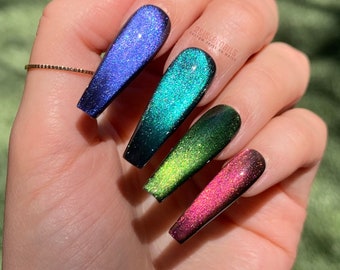 Rainbow Color Shifting Nails Glitter Cat Eye coffin xl fake press ons cute goth Design galaxy nail sparkly Holographic Set Long Shape Custom