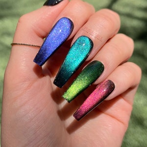 Rainbow Color Shifting Nails Glitter Cat Eye coffin xl fake press ons cute goth Design galaxy nail sparkly Holographic Set Long Shape Custom