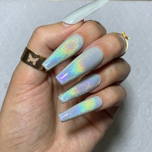 Rainbow Cat Eye Press on Nails Holographic Glitter Long Coffin Glue on Nails Rainbow Magnetic Color Shifting Acrylics Iridescent Gray Nails