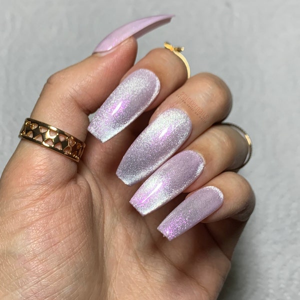 Pastel Pink Press Ons Cat Eye False Nails Long Coffin Shape Glitter Nails Baby Pink Aurora Glue on Nails Handmade Unique Birthday Gift Prom