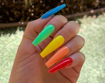 Pride Press on Nails Rainbow Neon Fake Nails Rainbow Press Ons Gradient Design Luxury Nail Acrylic Set Handmade Fake Nails Extra Long Coffin