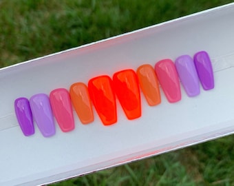 Orange Sherbet | Neon Orange Purple Press On Nails | Neon fake Nails | Bright nails | Glossy or Matte | Coffin oval stiletto Square nails