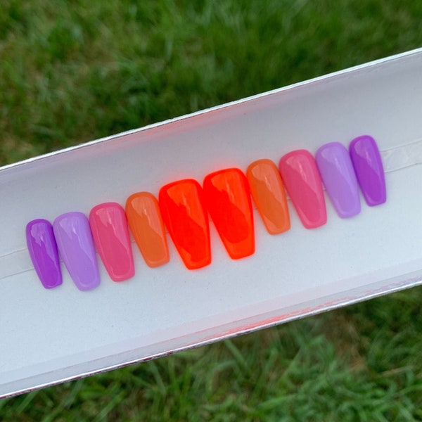 Orange Sherbet | Neon Orange Purple Press On Nails | Neon fake Nails | Bright nails | Glossy or Matte | Coffin oval stiletto Square nails