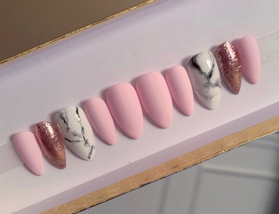 Pink Dreams Rose Gold Glitter Fake Nails Matte Pink Nails - Etsy