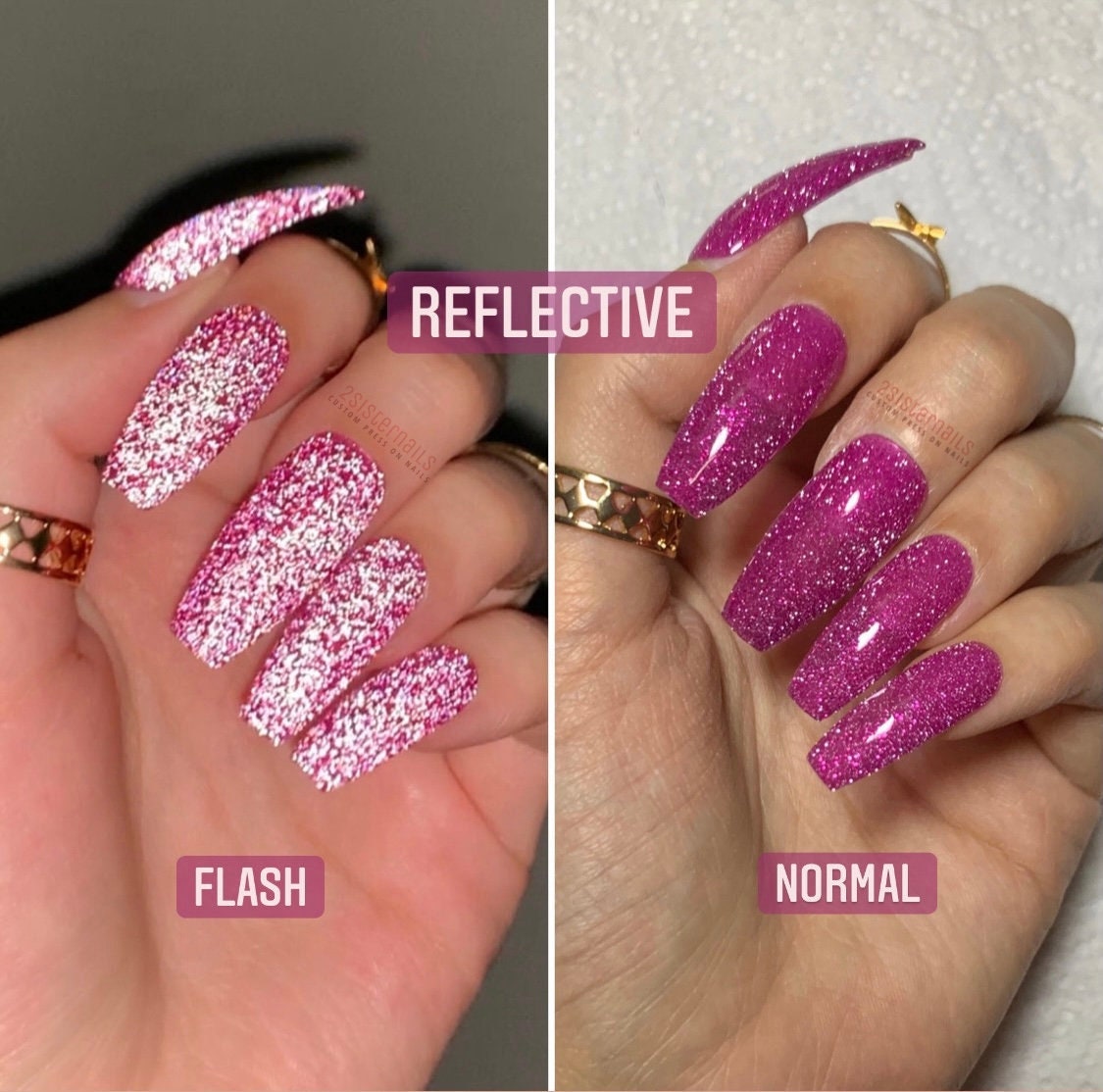 REFLECTIVE Glitter Nails Hot Pink Press on Fake Nails Flash or No