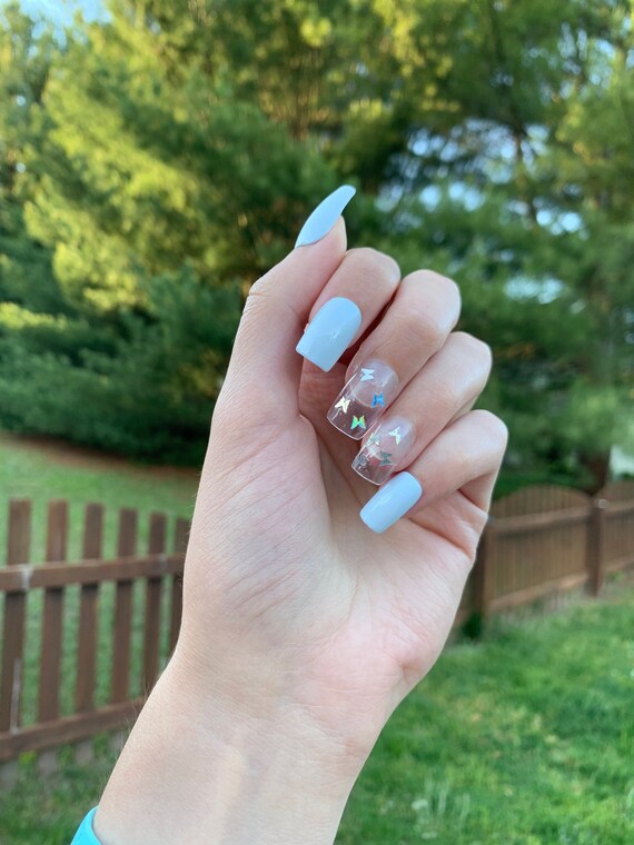 Baby Blue Butterfly Press On Nails Holo False Nails Blue Etsy Espana