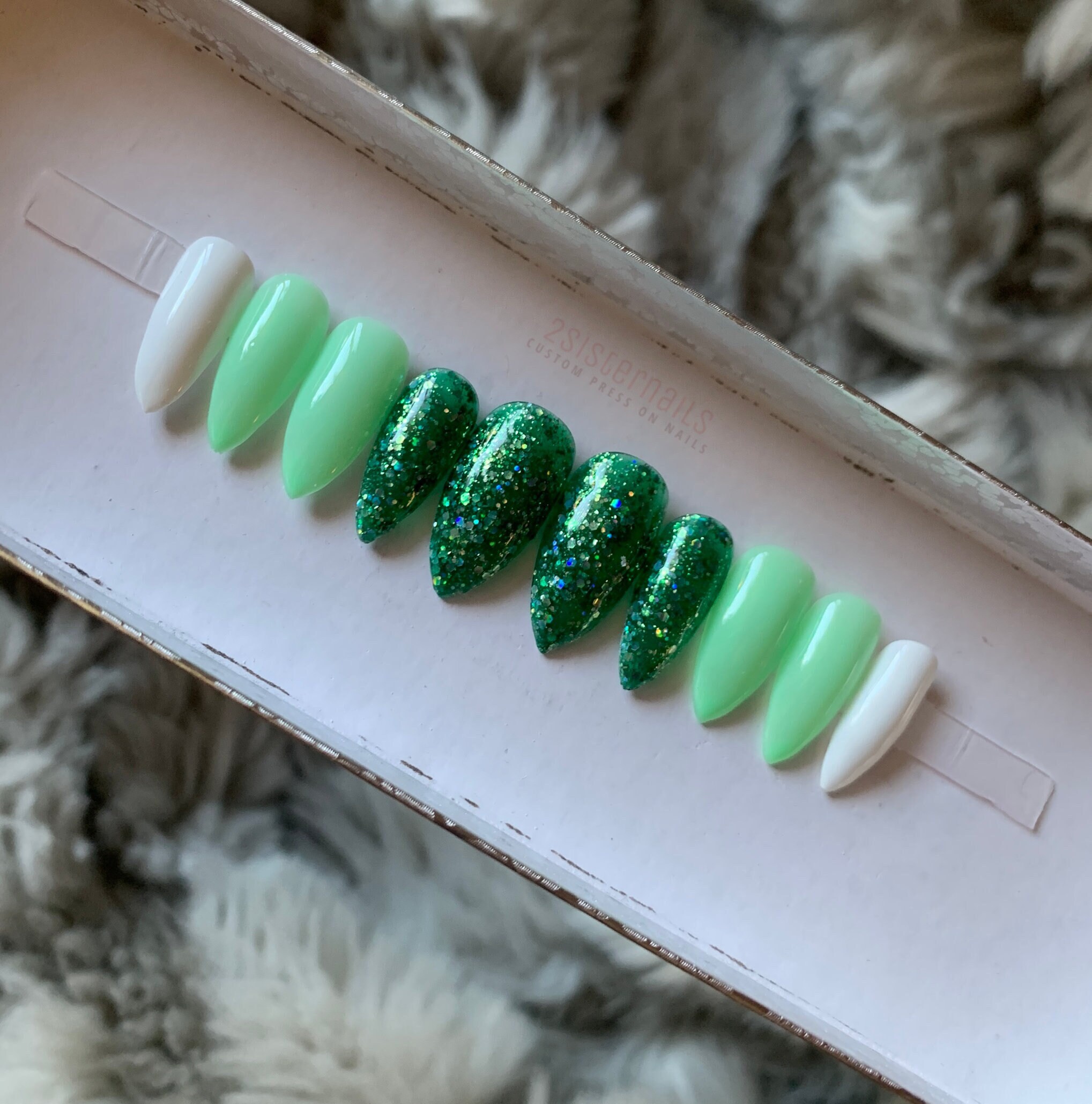 Minty Mint Green Glitter White Nails Mint Press On Nails Etsy