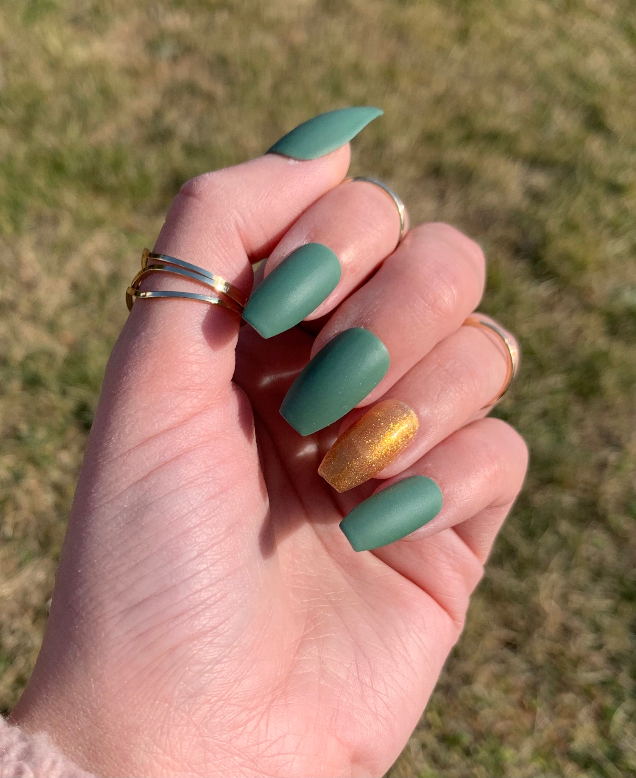 Matte or Glossy Green and Gold Fake Nails Glitter Nails Etsy