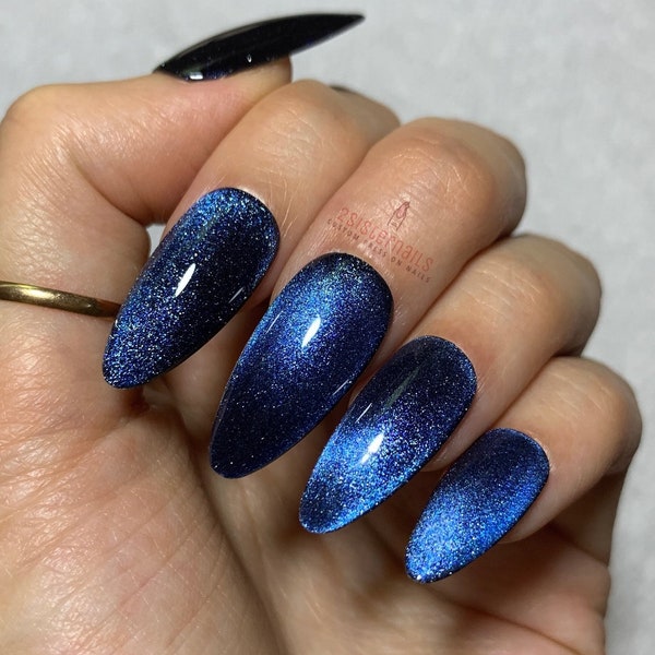 Deep Blue Color Shifting Nails | Long Coffin Black dark nails Press On Nails | Glitter Fake cat eye nail stiletto short | velvet fall ocean
