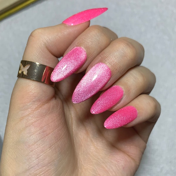 Hot Pink Press On Nails Almond Short Cat Eye Nail Set Gel Polish Pink Glitter Color Changing Gel x Bridesmaid Gift for Woman Vacay nails m4