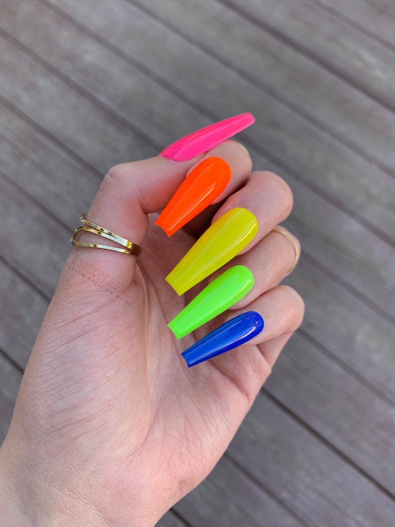 Pride Press On Nails Neon Rainbow Fake Nail Coffin Extra Long Length Short Medium Solid Fake Nail Summer Vacation Design Nail Art Woman Gift image 1