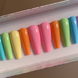 Pastel Press on Nails Rainbow Fake Nails Spring Themed Glue on Nails Bright Colors Medium Length Coffin Manicure Simple Solid Color Nails