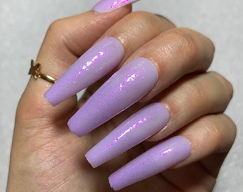 Gel X Purple Nail Set Iridescent Press On Nails Lavender Color Coffin Nails Shimmery Glitter Handmade Nails Pastel Color Mermaid Nails Gift