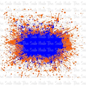 May include: A blue and orange paint splatter design. The blue paint is in the center of the design and the orange paint is splattered around it.
