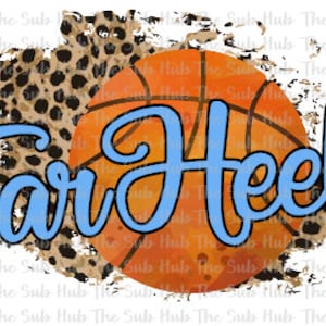 May include: A distressed, light blue and white graphic with the text "Tar Heels" and a basketball with orange and brown accents.