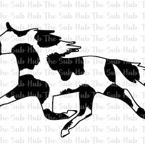 May include: Black and white illustration of a running horse with a spotted pattern. The horse is facing to the right and has a long mane and tail.