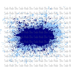 May include: A blue and light blue paint splatter design on a white background. The splatter is in the shape of a circle.