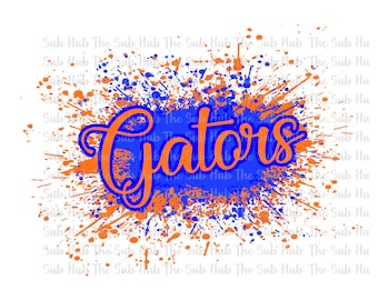 May include: Orange and blue paint splatters with the word "Gators" in orange cursive lettering.