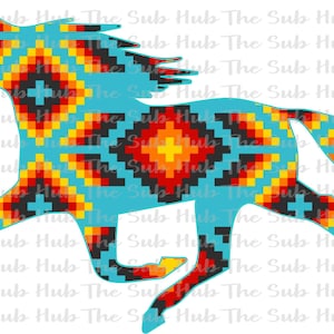 May include: A turquoise blue running horse silhouette with a geometric pattern of red, yellow, orange, and black squares.