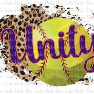 Puede incluir: Una pelota de softball amarilla con costuras rojas y un texto "Unity" superpuesto en morado y naranja. La pelota de softball está sobre un fondo de estampado de leopardo marrón y negro con un efecto de pintura blanca desgastada.