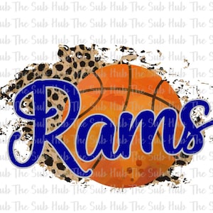 May include: A blue and white "Rams" graphic with a basketball and leopard print background. The basketball is orange and has black lines.