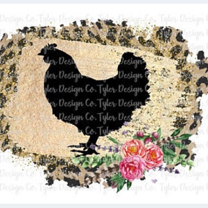 May include: Black silhouette of a chicken with a floral design in the bottom right corner. The background is a gold and black leopard print with a distressed effect.
