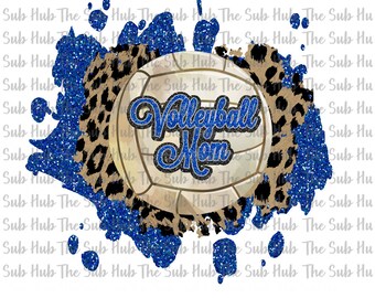 Può includere: Un design glitter blu e marrone con una pallavolo e il testo "Volleyball Mom".