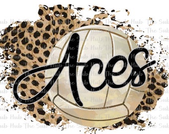 Può includere: Una pallavolo con uno sfondo leopardato marrone e nero. La parola "Aces" è scritta in corsivo nero sopra la pallavolo.