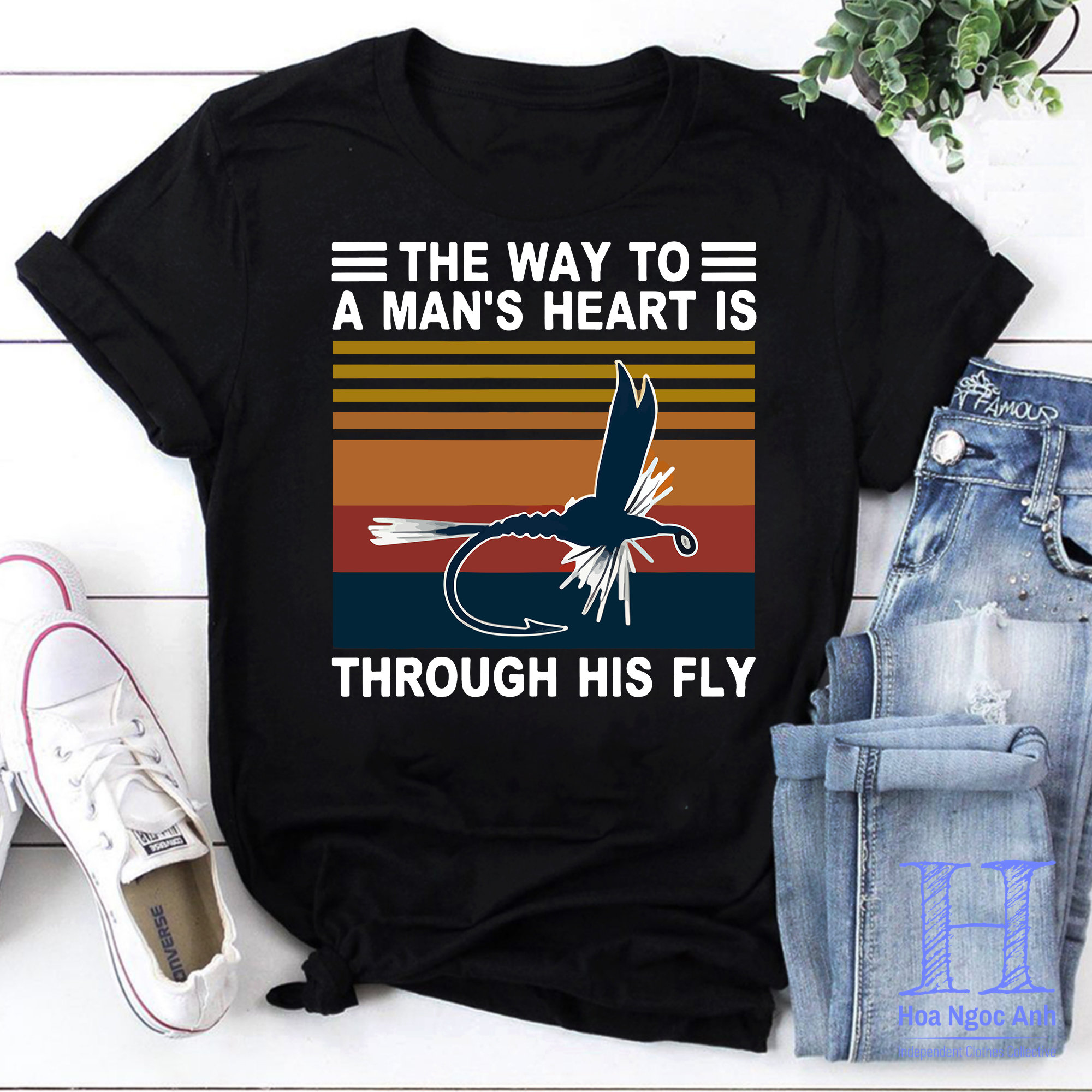 Men's Funny Fishing T-shirt Way to Heart Through Fly Vintage Shirt  Fisherman Tee 