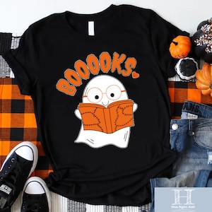 Booooks Cartoon Teacher Vintage T-Shirt, Halloween Teacher Shirt, Ghost Reading Books Shirt, Funny Ghost Shirt, Cute Ghost Shirt