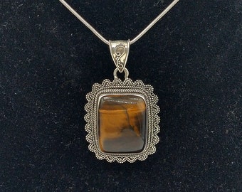 Boho Tiger Eye Gemstone Necklace, Sterling Silver Square Pendant