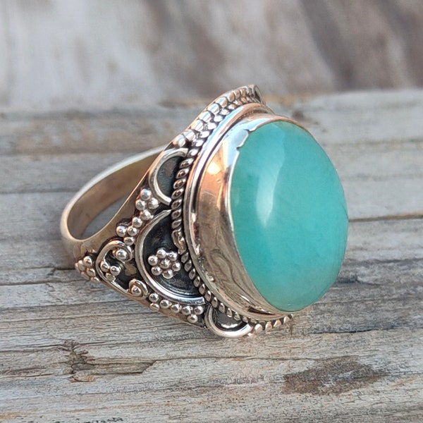 Boho Statement Ring -  Blue Calci Sterling Silver Ring - Hand Crafted Bohemian Ring-Bohemian Ring - Aqua Blue Calci Rings -Gift for
