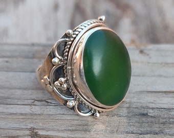 Boho Statement Ring - Green Jade Sterling Silver Ring - Hand Crafted Bohemian Ring-Bohemian Ring - Green Jade Rings -Gift for